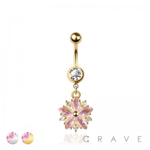 316L SURGICAL STEEL MULTI CZ SAKURA FLOWER DANGLE BELLY BUTTON NAVEL RING 